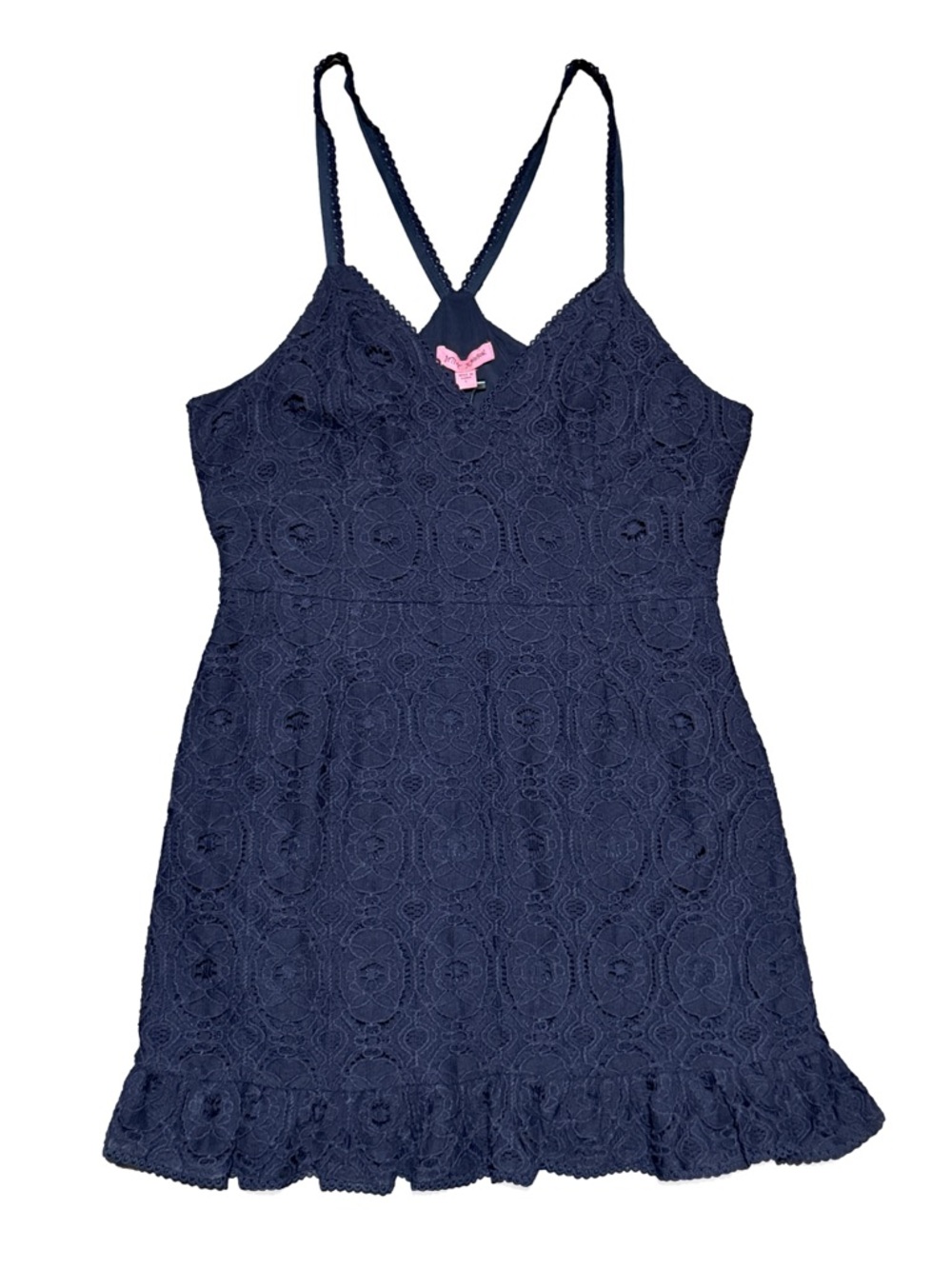 NWT BETSEY JOHNSON Navy Blue Lace Racerback Ruffle Hem Mini Dress Size Large